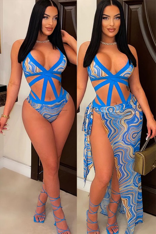 2 PCs  Wave Strappy Swimsuit and Sarong Set (Blue)