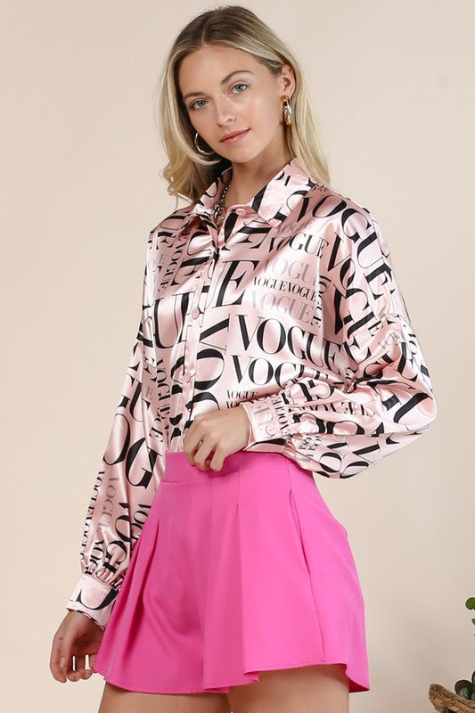 Satin Vogue Print Collar Button Down Shirt (Light Pink)