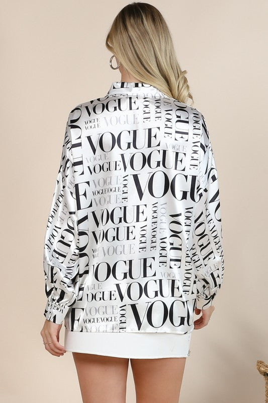 Satin Vogue Print Collar Button Down Shirt (white)