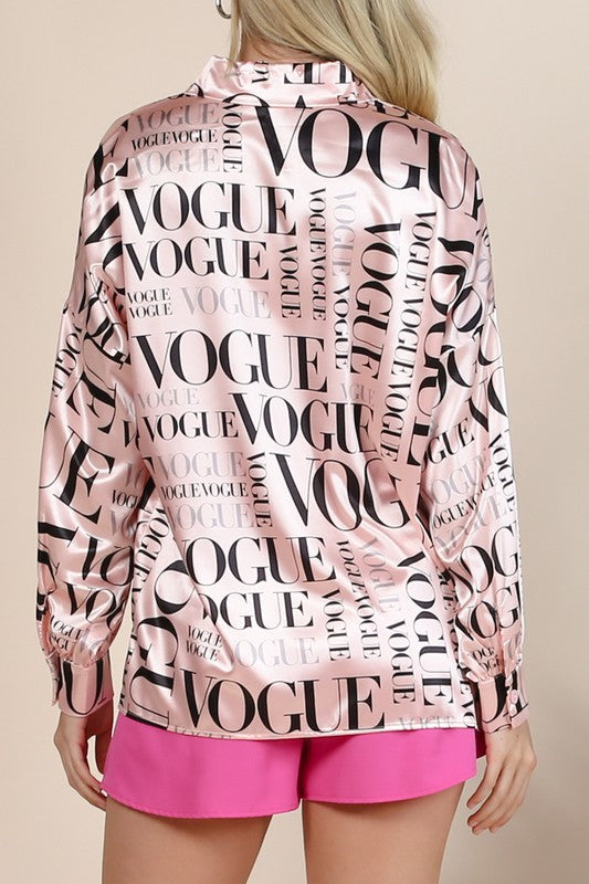 Satin Vogue Print Collar Button Down Shirt (Light Pink)