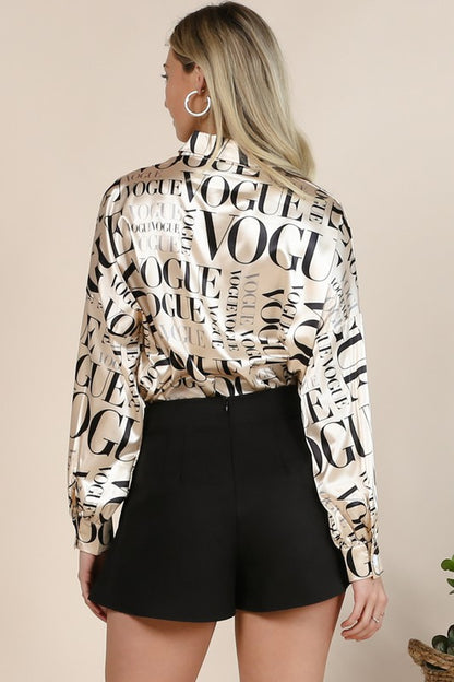 Satin Vogue Print Collar Button Down Shirt (Beige)