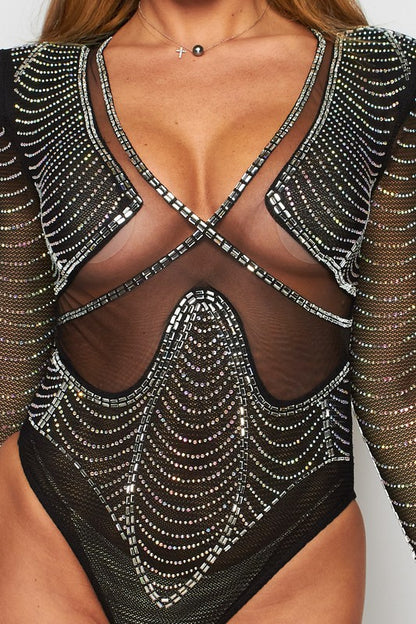 Luxury Rhinestone Fishnet Bodysuit (Black)