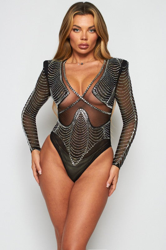 Luxury Rhinestone Fishnet Bodysuit (Black)
