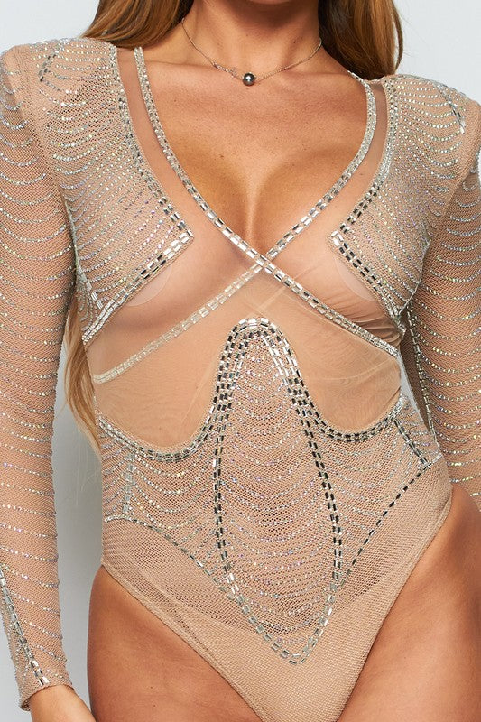 Luxury Rhinestone Fishnet Bodysuit (Nude)