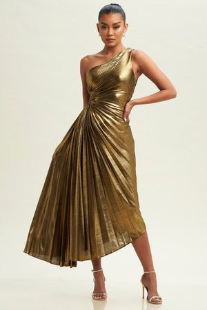 Metallic Cutout Out Pleated Maxi Dress (Bronze)