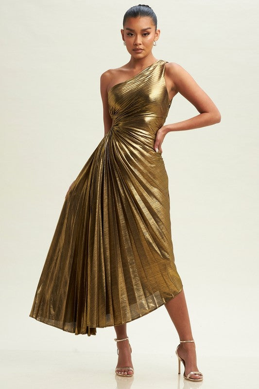 Metallic Cutout  Pleated Maxi Dress (Bronze)