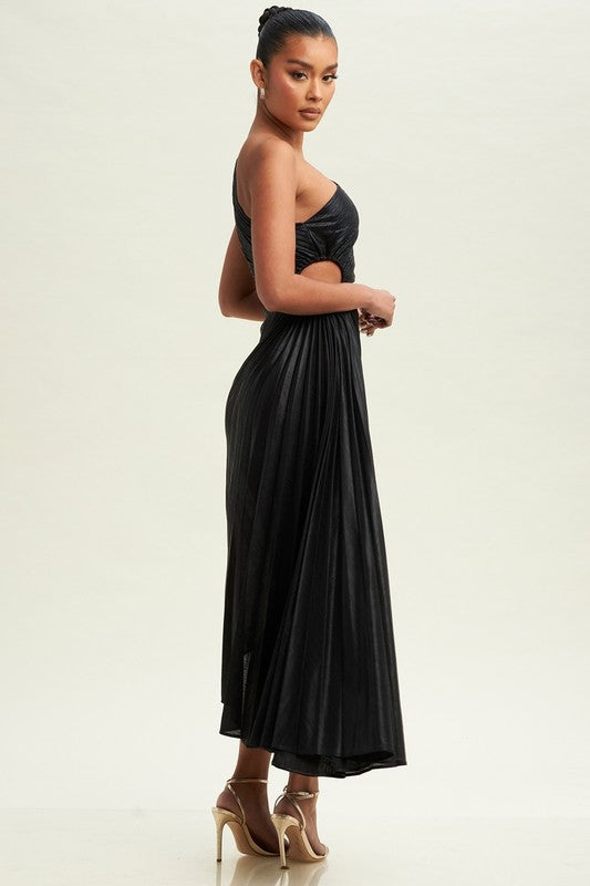 Metallic Cutout Pleated Maxi Dress (Black)