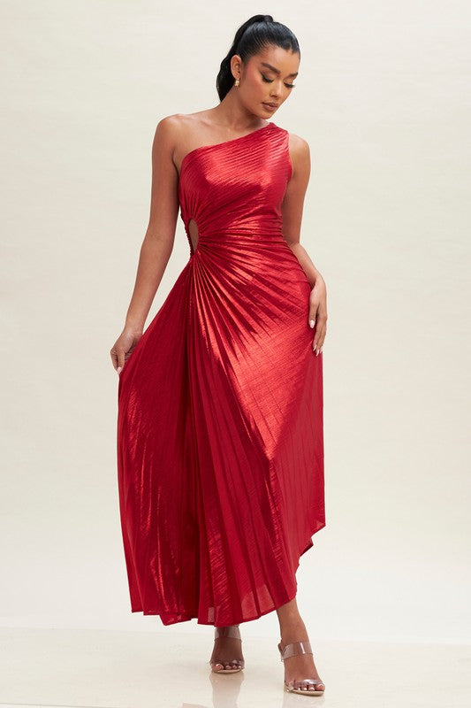 Metallic Cutout Out Pleated Maxi Dress (Red)