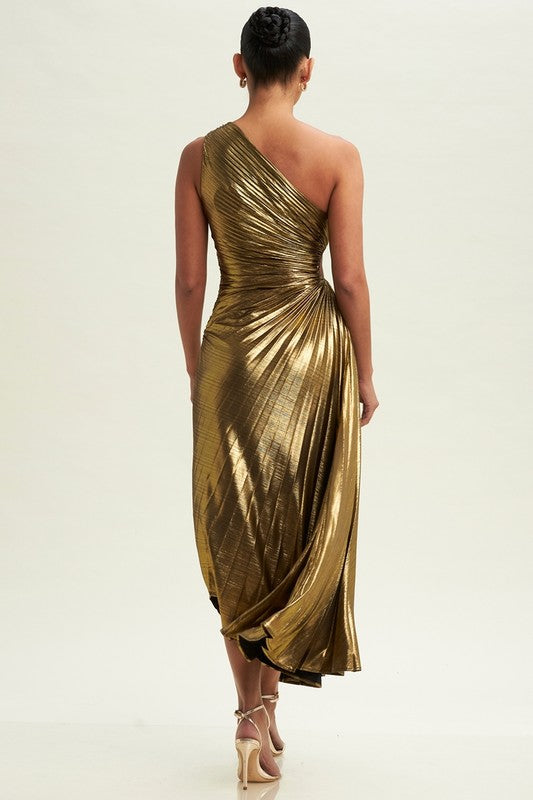 Metallic Cutout Out Pleated Maxi Dress (Bronze)