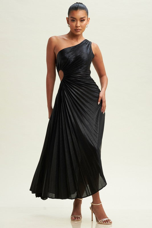 Metallic Cutout Pleated Maxi Dress (Black)
