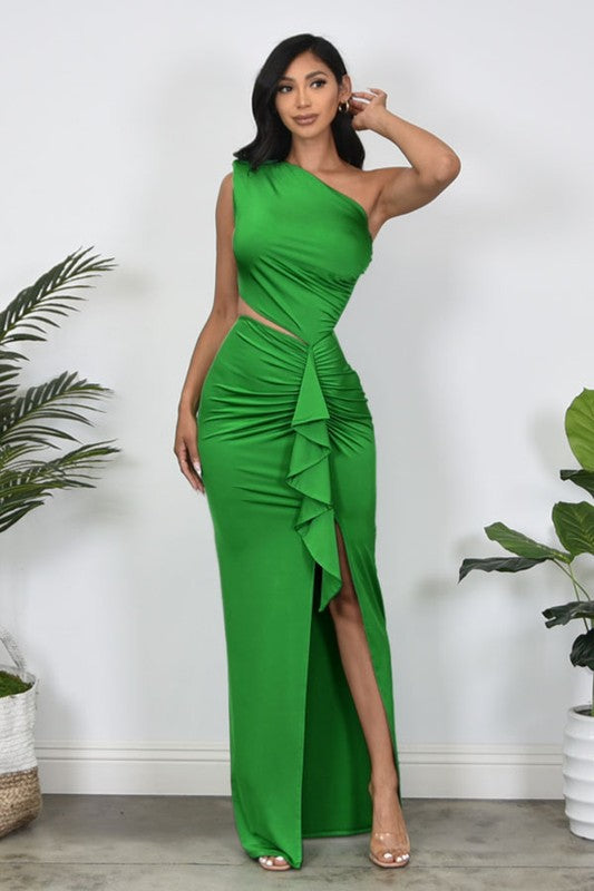 One shoulder Cut Out Maxi Dress (Green)