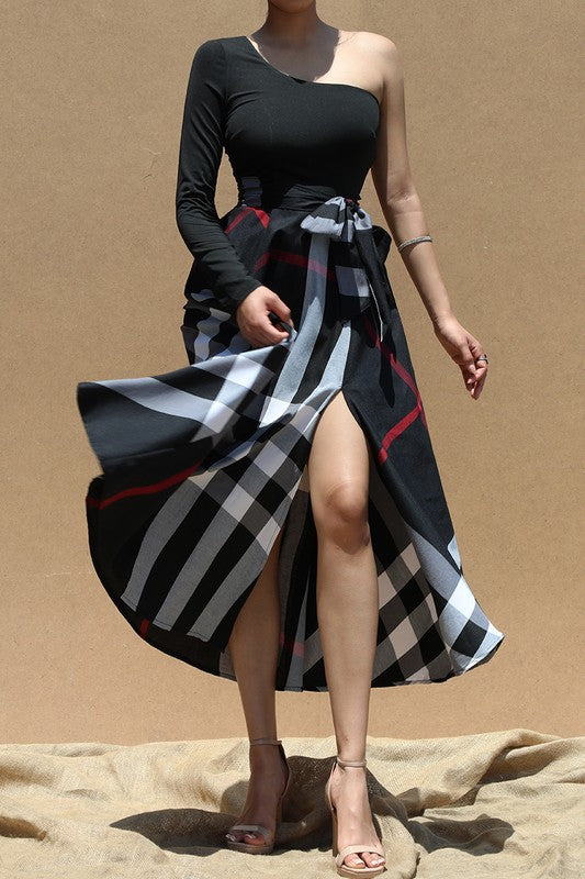 One Shoulder Plaid Skirt Maxi Dress With Tie ( Black)