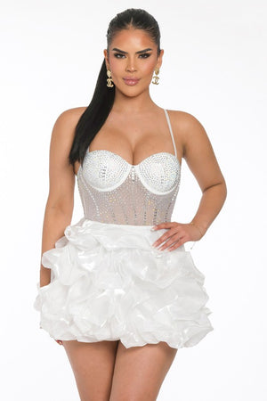 Rhinestone Mesh Shiny Ruffle  Mini Dress (White)