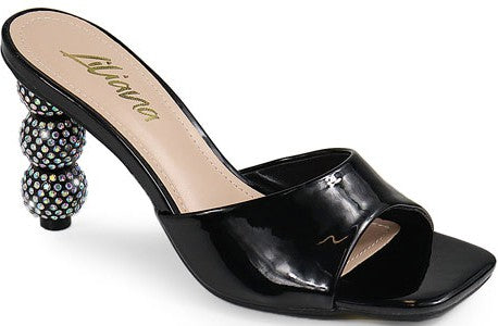 Rhinestone Ball Heel Slide Sandals (Black)