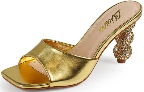 Rhinestone Ball Heel Slide Sandals (Gold)