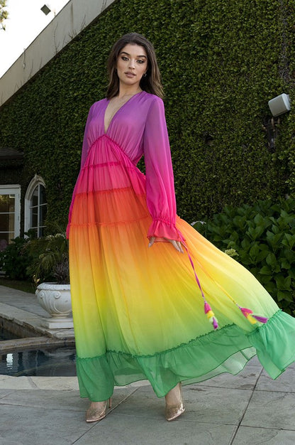 Rainbow Tassel Detailing Pleated Maxi Dress
