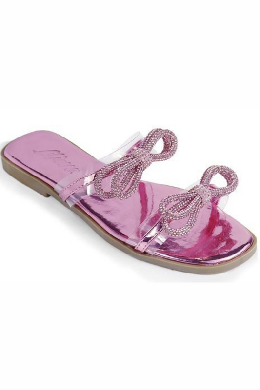 Women Rhinestone Double Bow Clear Strap Slide on Sandals (Pink)