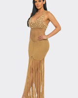 Camel Shell Embellished Crochet Fringe Cover-Up Dress