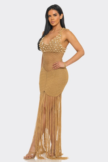 Camel Shell Embellished Crochet Fringe Cover-Up Dress