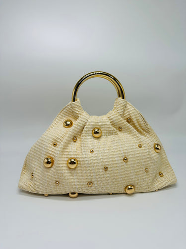 Neutral woven tote bag ivory color with gold details – everyday carry