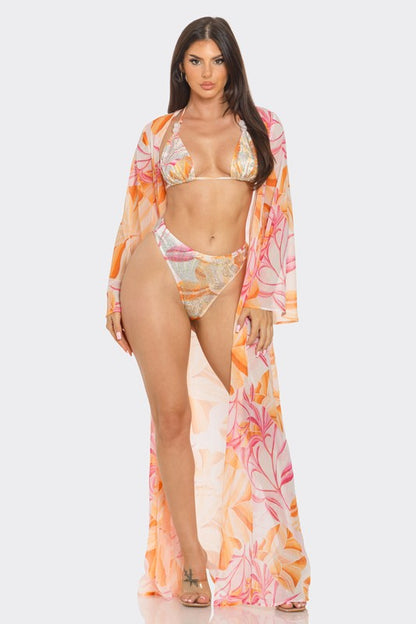 Tropical Breeze 3-Piece Bikini and Duster Set (Orange)