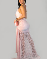 Lace Illusion Draped Halter Gown Maxi Dress - Pink | Maxi Dress