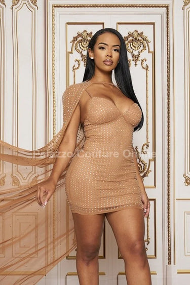 Elegant Mocha elegant mini dress on model styled for going out
