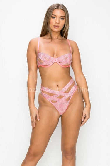 2 Pcs Rhinestone Strappy Bikini Set (Hot Pink) - Palazzo Couture Online