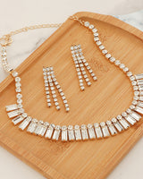 Square-cut crystal choker necklace with matching rhinestone drop earrings