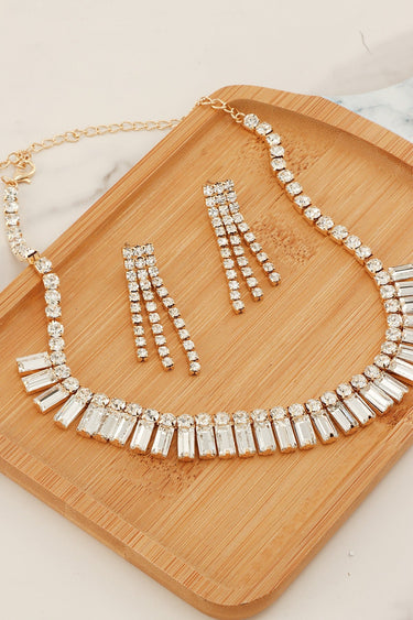 Square-cut crystal choker necklace with matching rhinestone drop earrings