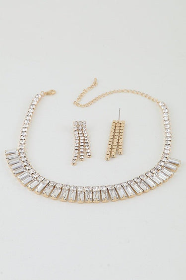 Gold-tone choker necklace set with linked clear crystals and stud earrings
