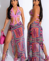 2 PCs Wave Strappy Swimsuit and Sarong Set (Pink) - Palazzo Couture Online