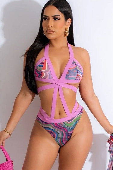 2 PCs Wave Strappy Swimsuit and Sarong Set (Pink) - Palazzo Couture Online