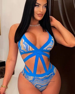 2 PCs Wave Strappy Swimsuit and Sarong Set - Royal Blue - Palazzo Couture Online