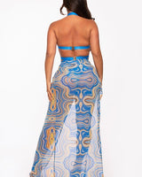 2 PCs Wave Strappy Swimsuit and Sarong Set - Royal Blue - Palazzo Couture Online