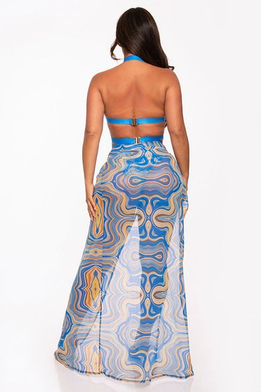 2 PCs Wave Strappy Swimsuit and Sarong Set - Royal Blue - Palazzo Couture Online