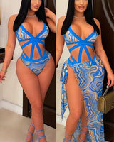 2 PCs Wave Strappy Swimsuit and Sarong Set - Royal Blue - Palazzo Couture Online