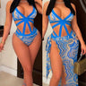 2 PCs Wave Strappy Swimsuit and Sarong Set - Royal Blue - Palazzo Couture Online