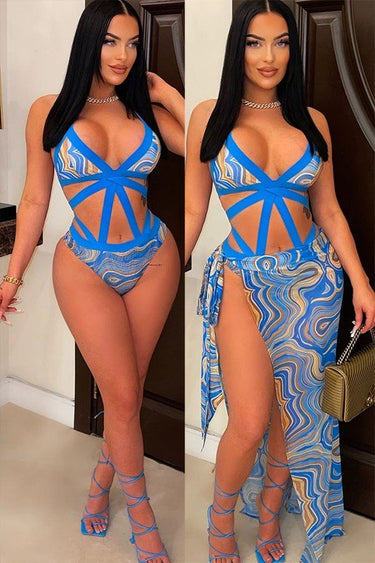 2 PCs Wave Strappy Swimsuit and Sarong Set - Royal Blue - Palazzo Couture Online