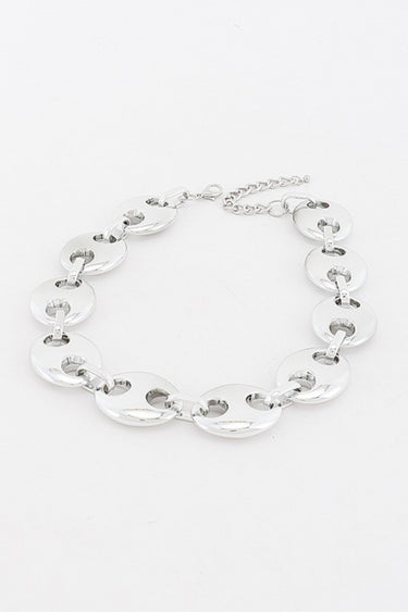 Silver oval cut out link necklace, full flat lay with extender chain