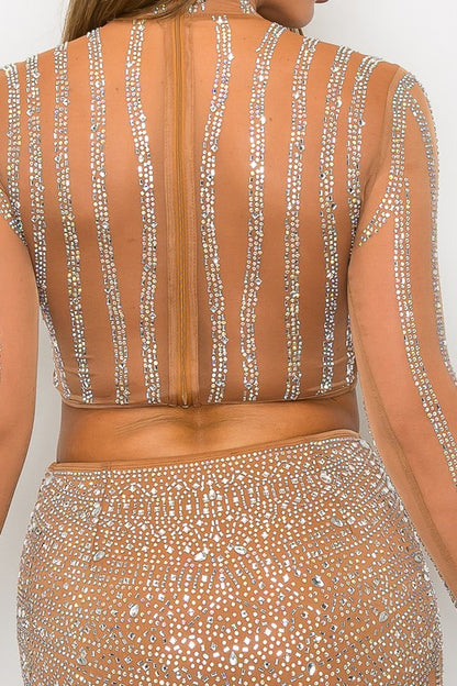 Fiorella  Rhinestone 2 PCS Top & Skirt Set (Nude)