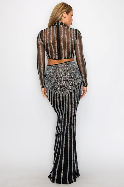 Fiorella Rhinestone 2 PCS  Top & Skirt Set (Black)