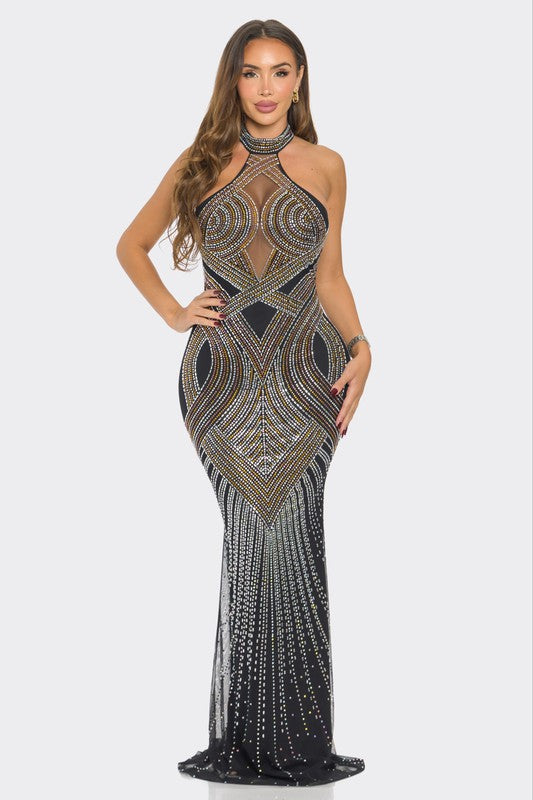 Layla Halter Collar Rhinestone Maxi Dress (Black)