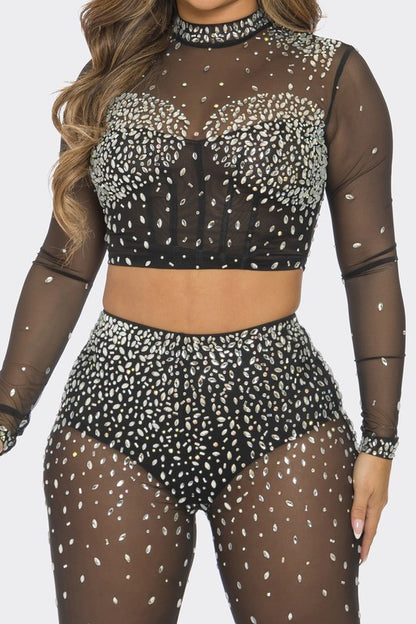 Sparkle Elegance Rhinestone Pants Set (Black)