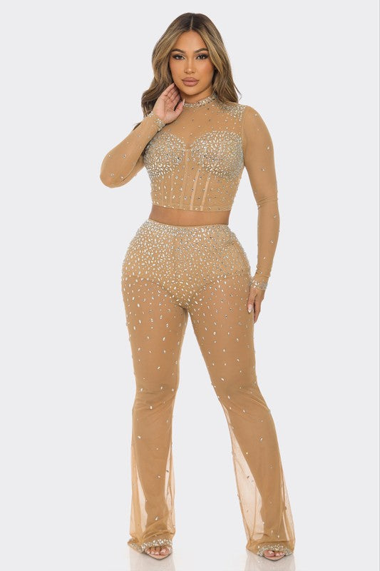 Sparkle Elegance Rhinestone Pants Set (Nude)