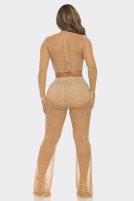 Sparkle Elegance Rhinestone Pants Set (Nude)
