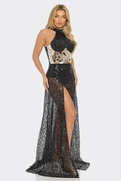 Sophia Sequin Mirror Embellished Maxi Dress (Black)