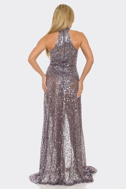 Sophia Sequin Mirror Embellished Maxi Dress (Purple)