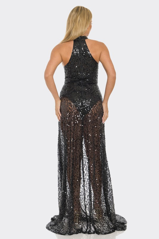 Sophia Sequin Mirror Embellished Maxi Dress (Black)