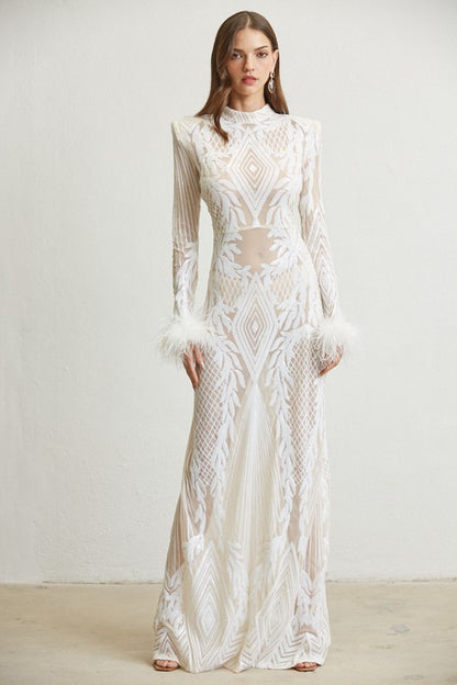 Mary Ann Baroque Sequin Sheer Mesh Maxi Dress (White)
